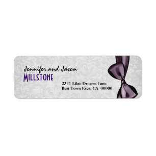 Purple Faux Satin Bow Modern Lettering on Damask Return Address Label