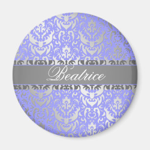 Purple Faux Shimmer Silver Damask with Your Name Magnet