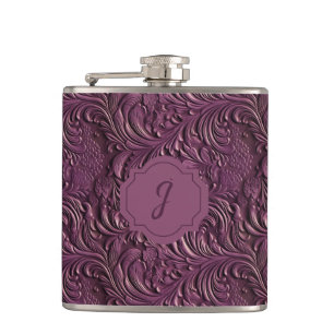 Purple Faux Tooled Leather Vinyl  Hip Flask