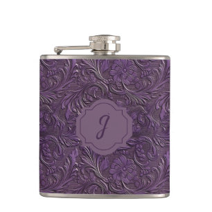 Purple Faux Tooled Leather Vinyl  Hip Flask