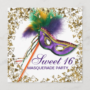 Purple Feather Mask Sweet 16 Masquerade Party Invitation
