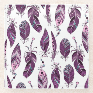 Purple Feathers: Vintage Ornamental Seamless. Glass Coaster