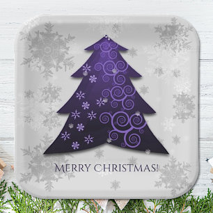 Purple Festive Christmas Tree Paper Plate