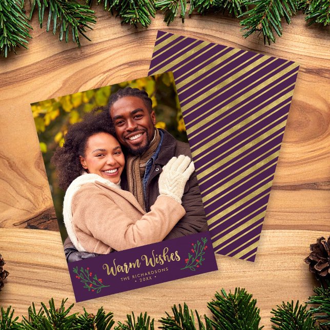 Purple Festive Foliage Warm Wishes Holiday Photo Card (Creator Uploaded)