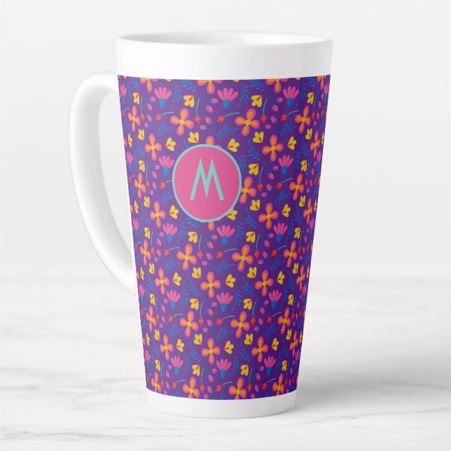 Purple Fiesta Floral Customised Initial  Latte Mug (Left Angle)