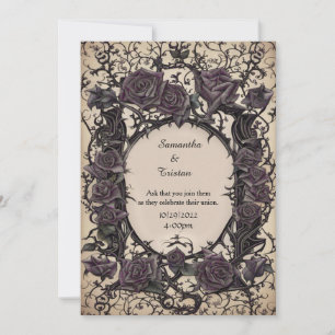 Purple Filigree and Thorn Roses Goth Wedding Invitation