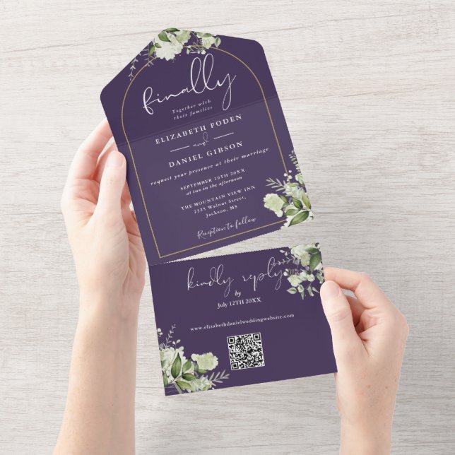 Purple Finally Arch Greenery QR Code Wedding All In One Invitation (Tearaway)