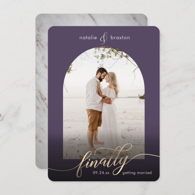 Purple Finally Getting Married & Window Photo Save The Date (Front/Back)