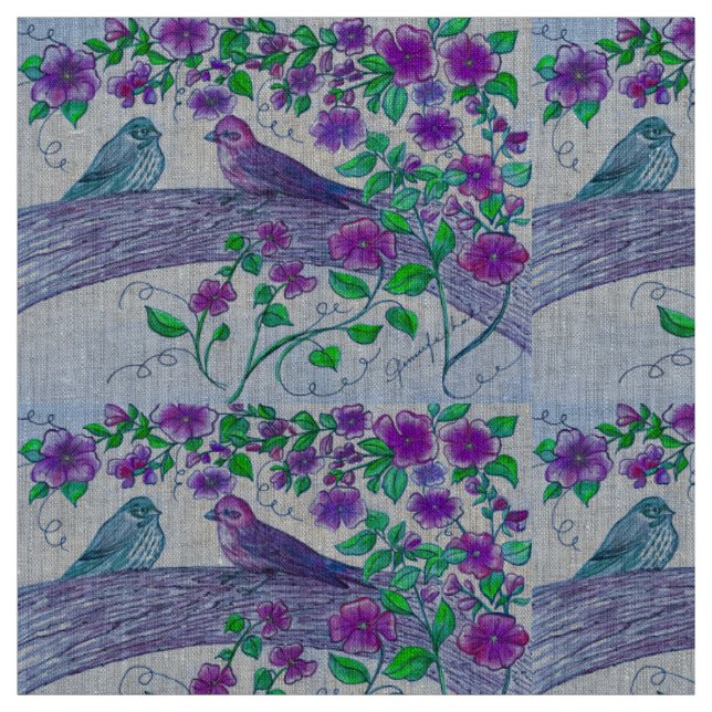 Purple Finches Fabric (Swatch)
