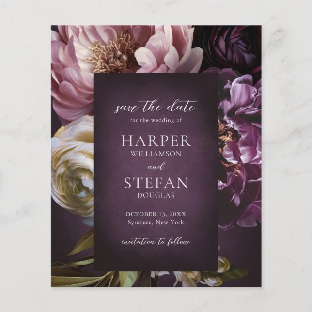 Purple Fine Art Floral Wedding Save the Date Flyer (Front)