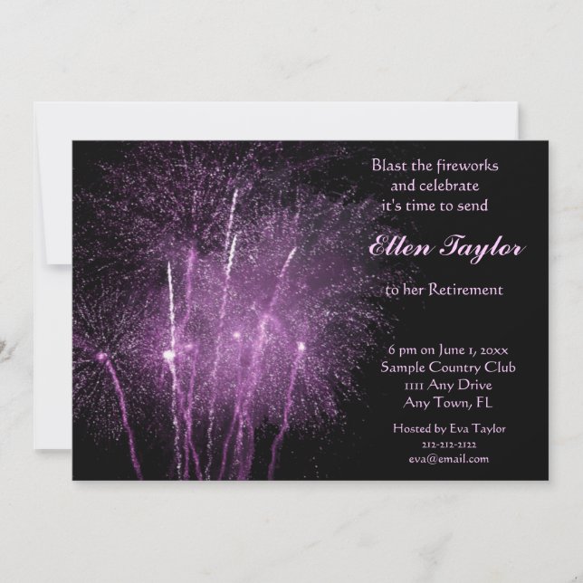 Purple Fireworks Retirement Party Invitation (Front)