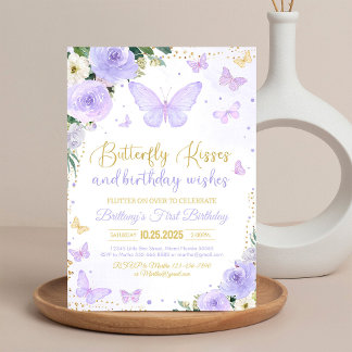 Purple First Butterfly Kisses Birthday Invitation