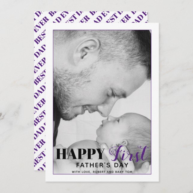 Purple First Father's Day typography photo card (Front/Back)