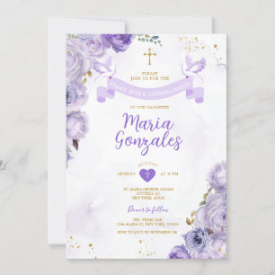 Purple First Holy Communion Cross Butterfly Floral Invitation