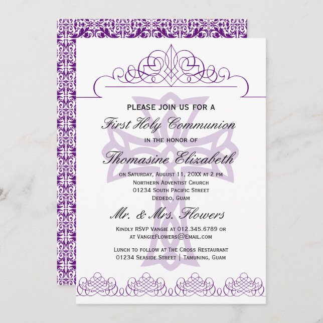 Purple First Holy Communion Cross Invitations (Front/Back)