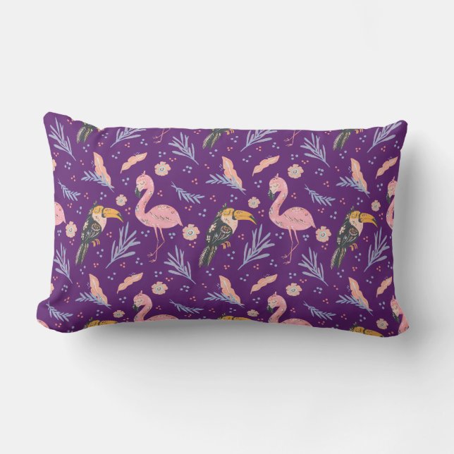 Purple Flamingos Tropical Jungle Summer Outdoor Lumbar Cushion (Front)