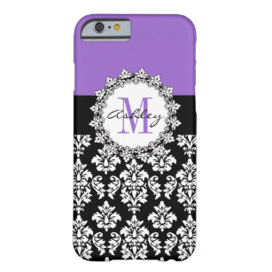 Purple Fleur de Lis Black Damask Monogrammed Barely There iPhone 6 Case