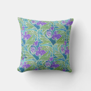 PURPLE FLEUR DE LIS ,GREEN LEAVES AQUA BLUE FLORAL CUSHION