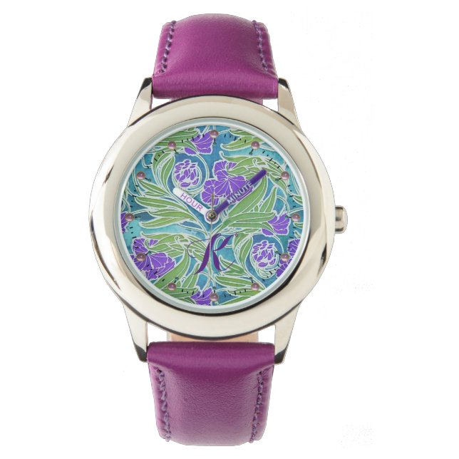 PURPLE FLEUR DE LIS ,GREEN LEAVES AQUA BLUE FLORAL WATCH (Front)