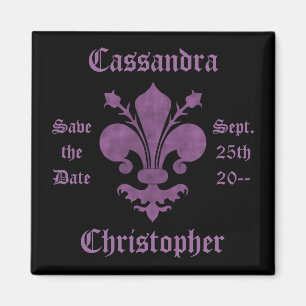 Purple fleur de lis on black save the date wedding magnet