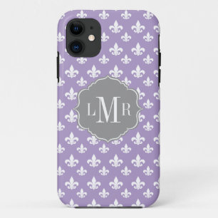 Purple Fleur De Lis Pattern Monogram iPhone 11 Case