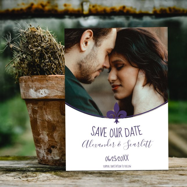 Purple Fleur de Lis Photo Save The Date Announcement (Purple Fleur de Lis Photo Save the Date)