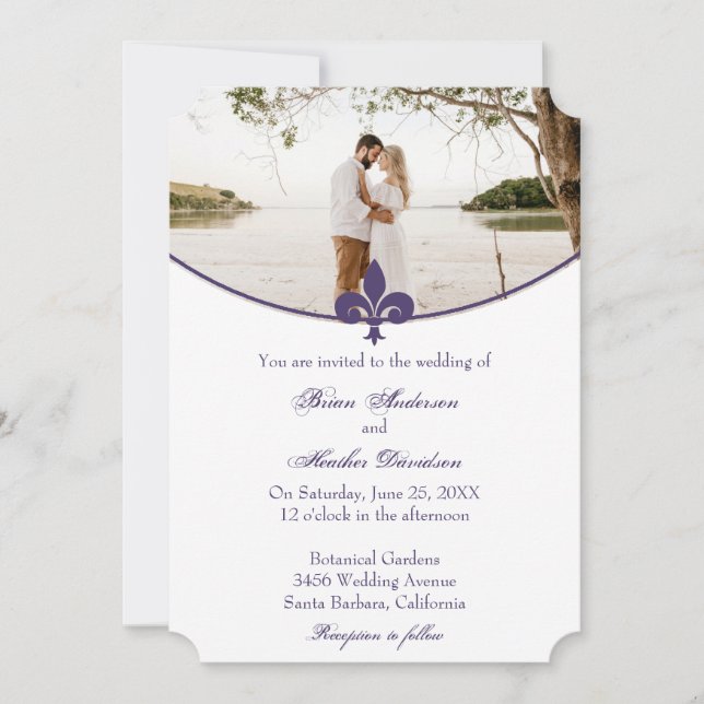 Purple Fleur de Lis Photo Wedding Invitation (Front)