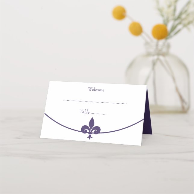 Purple Fleur de Lis Wedding Reception Place Card (Front)