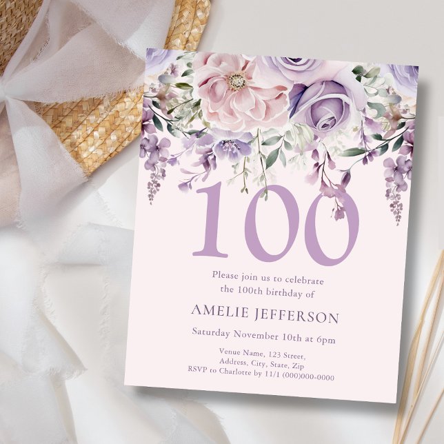 Purple Floral 100th Budget Birthday Invitation (Creator Uploaded)
