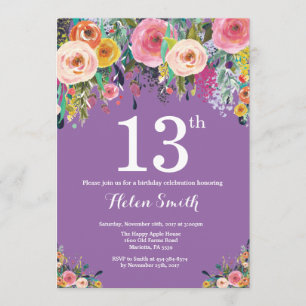 Purple Floral 13th Birthday Invitation
