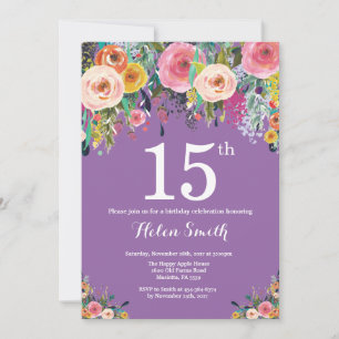 Purple Floral 15th Birthday Invitation