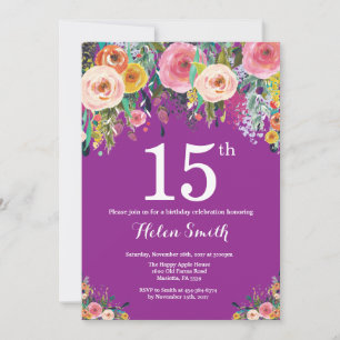 Purple Floral 15th Birthday Invitation