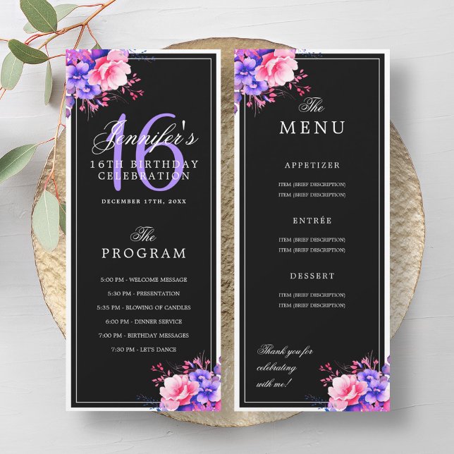 Purple Floral 16th Birthday Program Menu Black (Purple Floral 16th Birthday Program Menu Black)