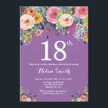 Purple Floral 18th Birthday Invitation<br><div class="desc">Purple Floral 18th Birthday Invitation for Women. Watercolor Floral Flower. Purple Lilac Lavender Violet Background. Pink, Yellow, Orange, Purple Flower. Adult Birthday. 13th 15th 16th 18th 20th 21st 30th 40th 50th 60th 70th 80th 90th 100th, Any Ages. For further customisation, please click the "Customise it" button and use our design...</div>