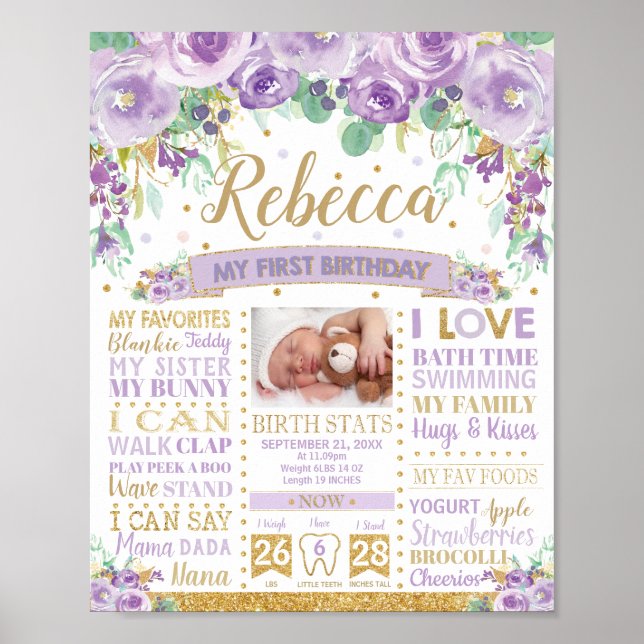 Purple Floral 1st Birthday Milestone Birth Stats Poster (Front)