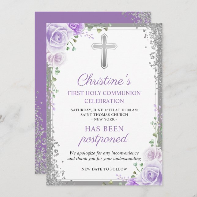 Purple Floral 1st Communion Postponed Announcement (Front/Back)