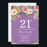 Purple Floral 21st Birthday Invitation<br><div class="desc">Purple Floral 21st Birthday Invitation for Women. Watercolor Floral Flower. Purple Lilac Lavender Violet Background. Pink, Yellow, Orange, Purple Flower. Adult Birthday. 13th 15th 16th 18th 20th 21st 30th 40th 50th 60th 70th 80th 90th 100th, Any Ages. For further customisation, please click the "Customise it" button and use our design...</div>