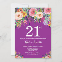 Purple Floral 21st Birthday Invitation