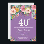 Purple Floral 40th Birthday Invitation<br><div class="desc">Purple Floral 40th Birthday Invitation for Women. Watercolor Floral Flower. Purple Lilac Lavender Violet Background. Pink, Yellow, Orange, Purple Flower. Adult Birthday. 13th 15th 16th 18th 20th 21st 30th 40th 50th 60th 70th 80th 90th 100th, Any Ages. For further customisation, please click the "Customise it" button and use our design...</div>