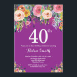 Purple Floral 40th Birthday Invitation<br><div class="desc">Purple Floral 40th Birthday Invitation for Women. Watercolor Floral Flower. Purple Lilac Lavender Violet Background. Pink,  Yellow,  Orange,  Purple Flower. Adult Birthday. For further customisation,  please click the "Customise it" button and use our design tool to modify this template.</div>