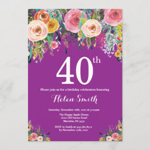 Purple Floral 40th Birthday Invitation