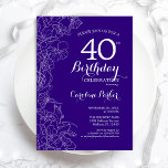 Purple Floral 40th Birthday Party Invitation<br><div class="desc">Purple Floral 40th Birthday Party Invitation. Minimalist modern design featuring botanical outline drawings accents and typography script font. Simple trendy invite card perfect for a stylish female bday celebration. Can be customised to any age. Printed Zazzle invitations or instant download digital printable template.</div>