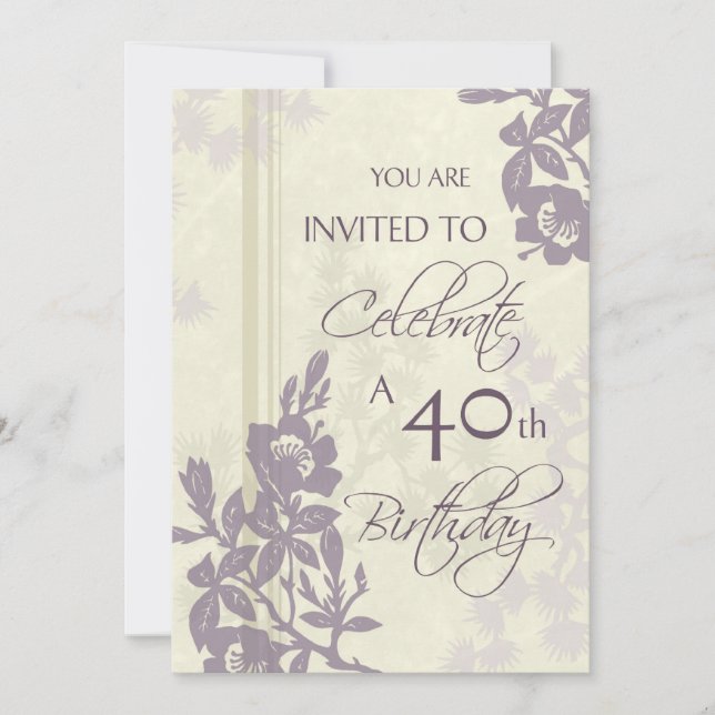 Purple Floral 40th Birthday Party Invitation Cards (Front)