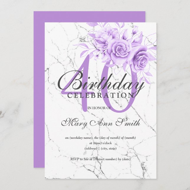 Purple Floral 40th Birthday Party Marble  Invitation (Front/Back)
