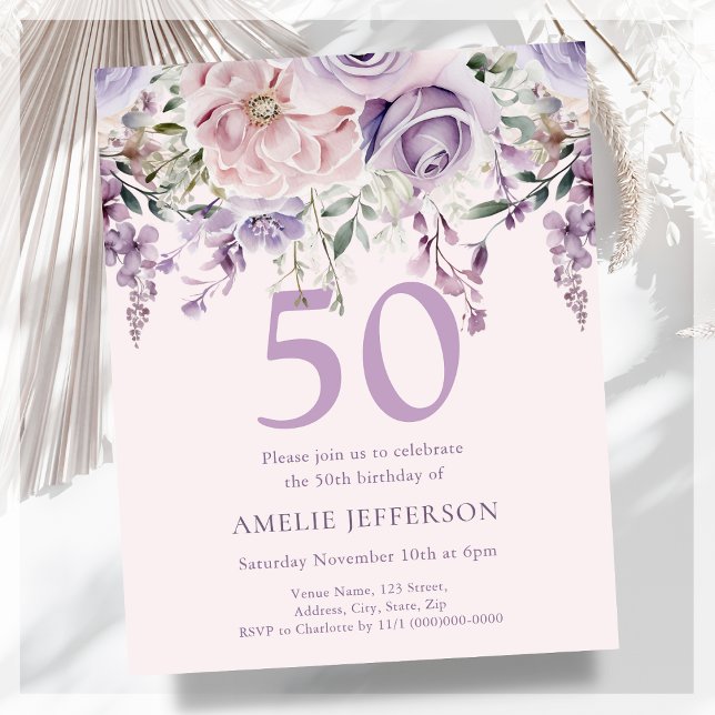 Purple Floral 50th Budget Birthday Invitation (Creator Uploaded)