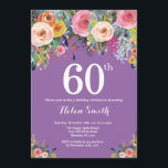 Purple Floral 60th Birthday Invitation<br><div class="desc">Purple Floral 60th Birthday Invitation for Women. Watercolor Floral Flower. Purple Lilac Lavender Violet Background. Pink, Yellow, Orange, Purple Flower. Adult Birthday. 13th 15th 16th 18th 20th 21st 30th 40th 50th 60th 70th 80th 90th 100th, Any Ages. For further customisation, please click the "Customise it" button and use our design...</div>