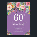 Purple Floral 60th Birthday Invitation<br><div class="desc">Purple Floral 60th Birthday Invitation for Women. Watercolor Floral Flower. Purple Lilac Lavender Violet Background. Pink, Yellow, Orange, Purple Flower. Adult Birthday. 13th 15th 16th 18th 20th 21st 30th 40th 50th 60th 70th 80th 90th 100th, Any Ages. For further customisation, please click the "Customise it" button and use our design...</div>