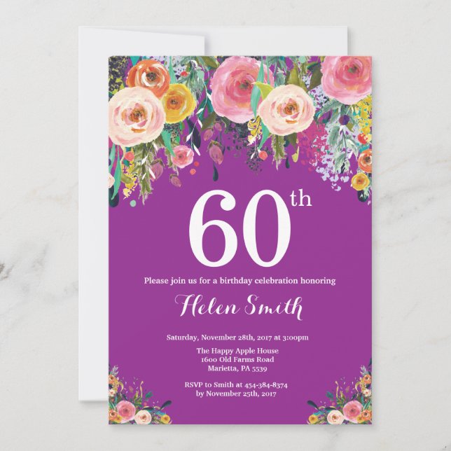 Purple Floral 60th Birthday Invitation (Front)