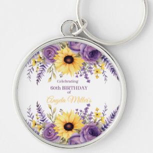 Purple floral 60th birthday party key ring