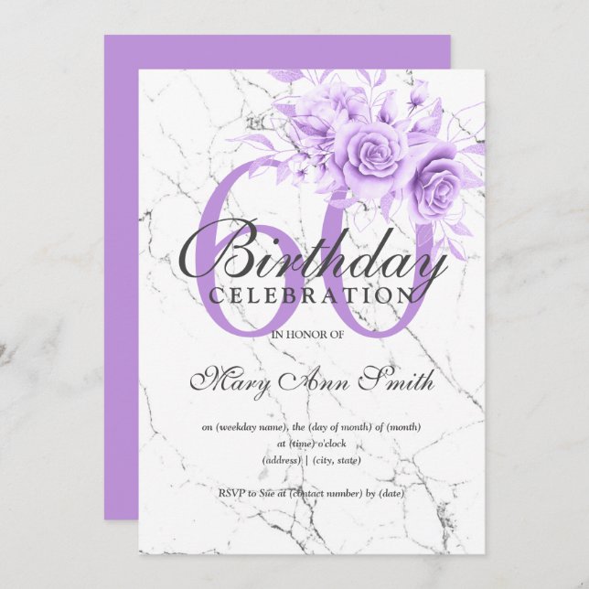 Purple Floral 60th Birthday Party Marble  Invitation (Front/Back)